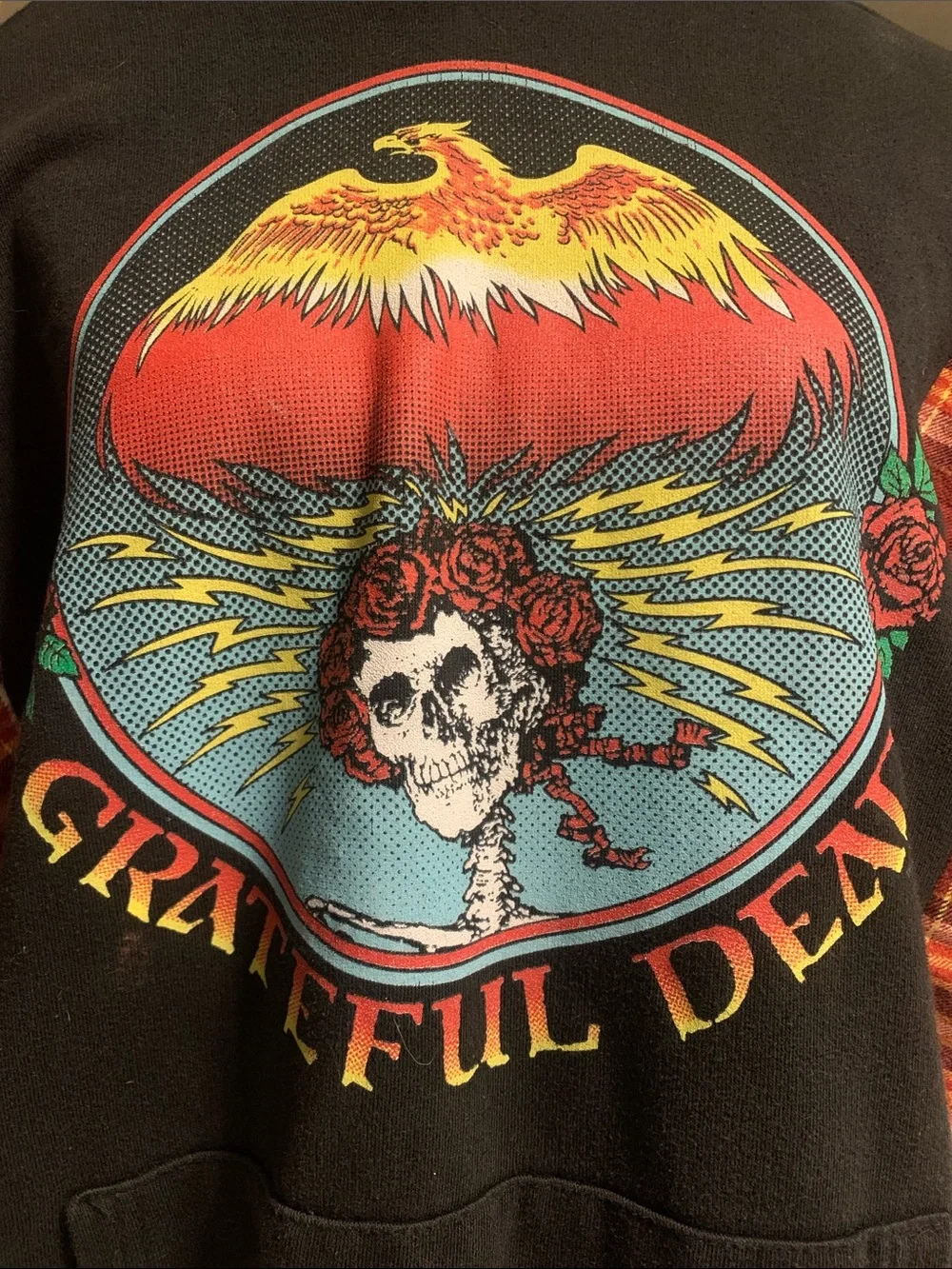 Upcycled Grateful Dead Black agraphic Hoodie with Rust Plaid Flannel Sleeves - Picture 6 of 11